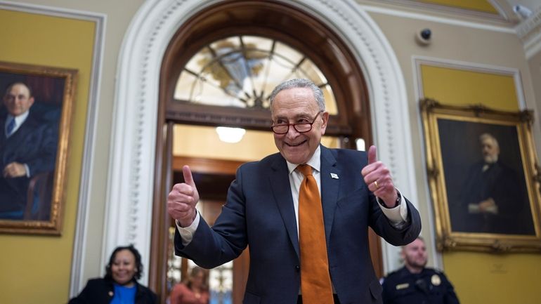 Senate Majority Leader Chuck Schumer, D-N.Y., celebrates as the Senate...