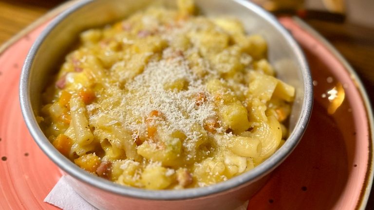 Pasta e patate, mismatched macaroni with pancetta and smoked mozzarella,...