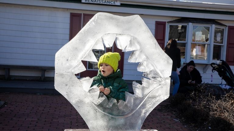 Noah Salvatore, of Riverhead, stands inside an ice sculpture at...