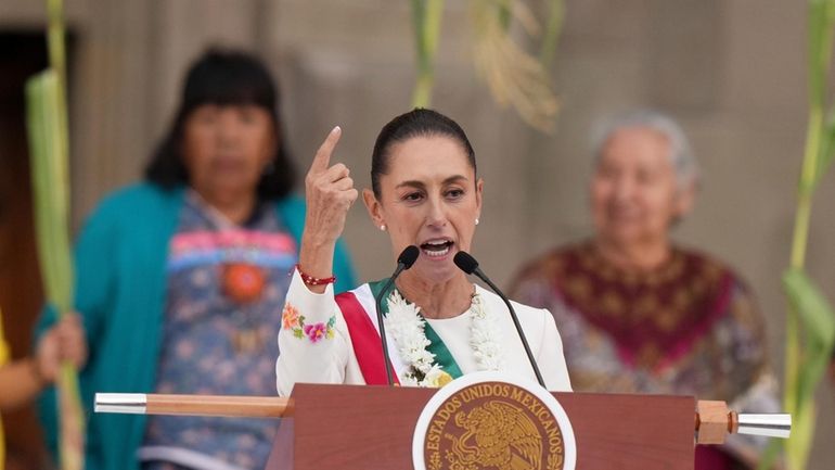 Newly-sworn in President Claudia Sheinbaum addresses supporters in the Zócalo,...