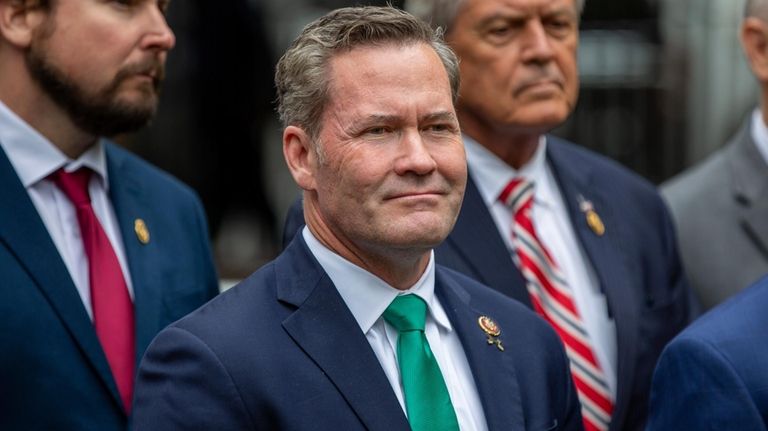 Rep. Michael Waltz, R-Fla., speaks outside the hush money criminal...