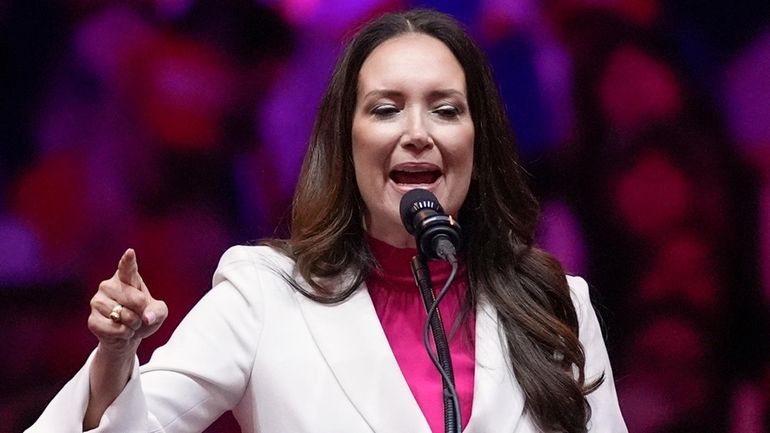 FILE - Brooke Rollins speaks at a campaign rally at...