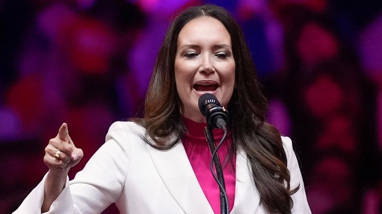 Brooke Rollins speaks at a campaign rally at Madison Square...