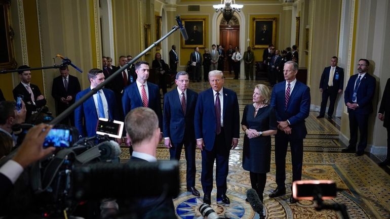 President-elect Donald Trump talks to reporters after a meeting with...