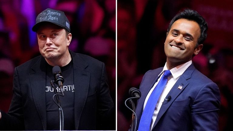 Elon Musk and Vivek Ramaswamy speak before president-elect Donald Trump at a...